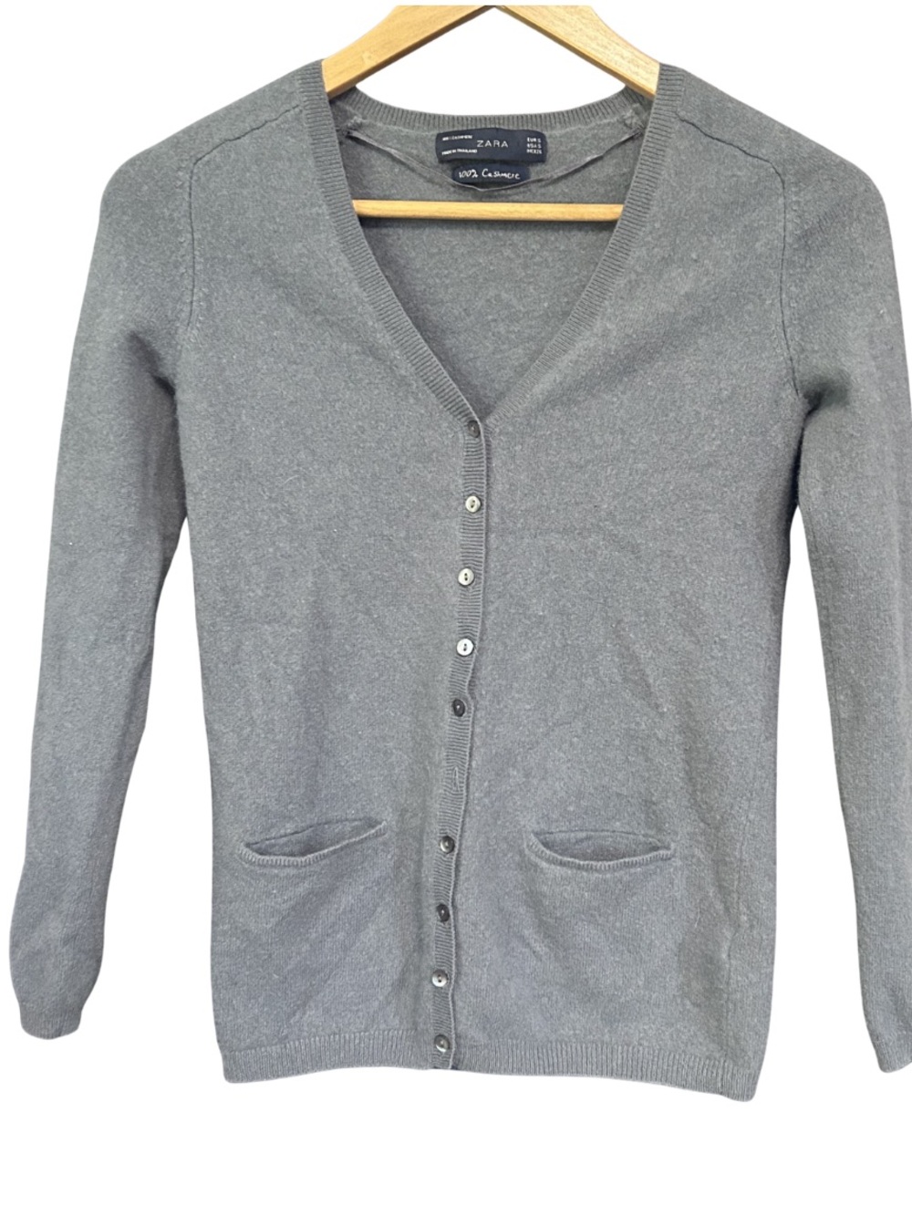 Zara 100% Cashmere Cardigan, Size Small, Light Grey, V-Neck, Pearl Buttons